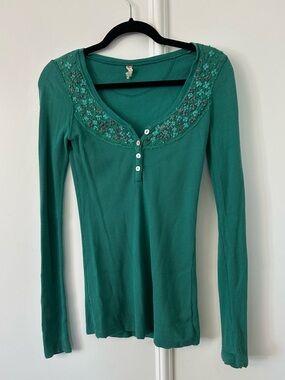 Free People Teal Long-Sleeve Scoop Neck Thermal Top with Embroidered Yoke